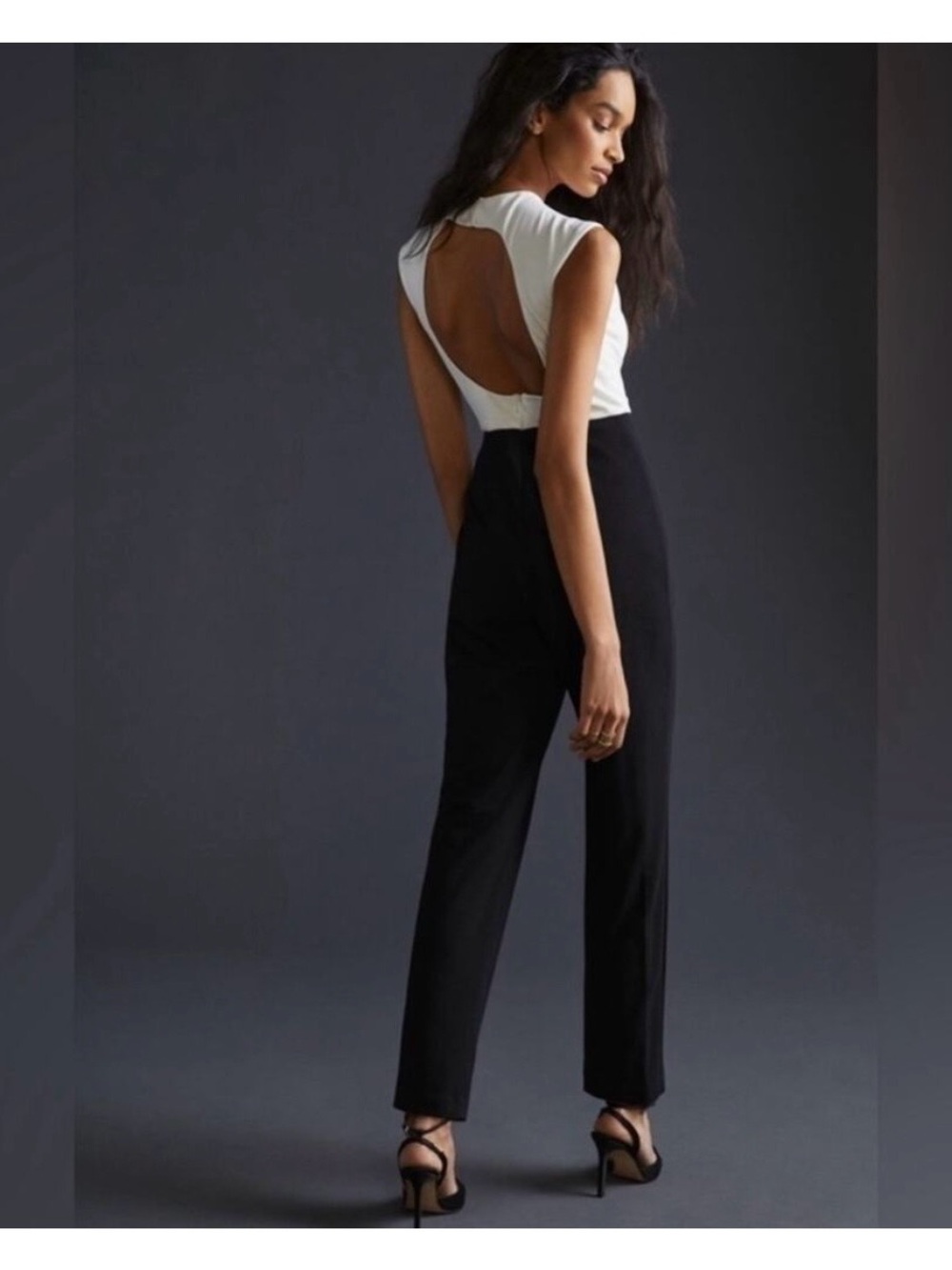 Buckle Two-Tone Sleeveless White Top Black Wide-Leg Jumpsuit